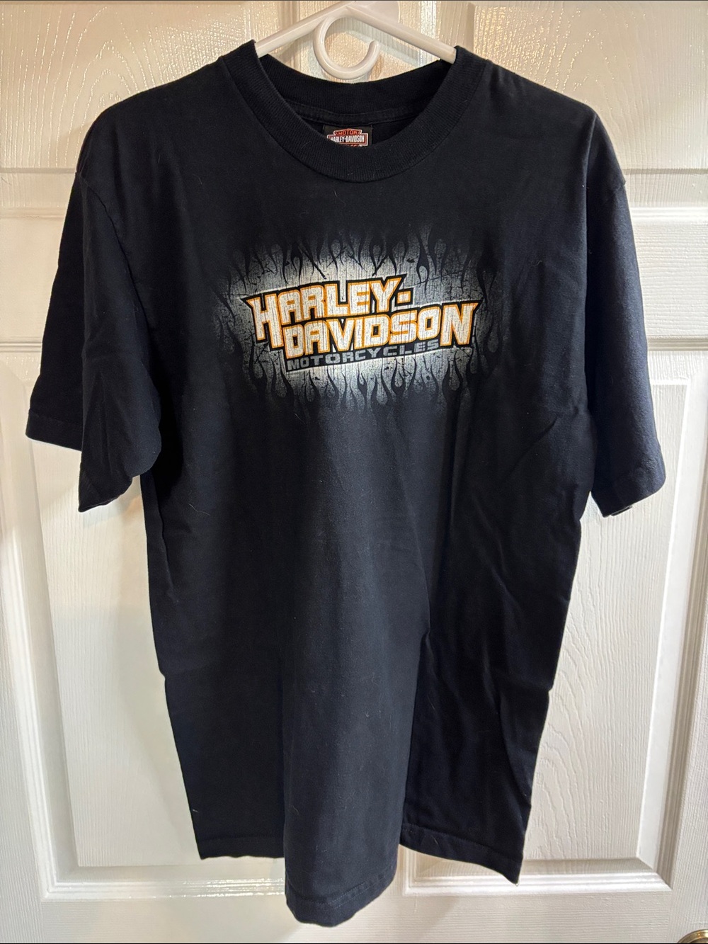 Harley-Davidson Black T‑Shirt with Orange and White Logo Dover Ohio Lg Made USA